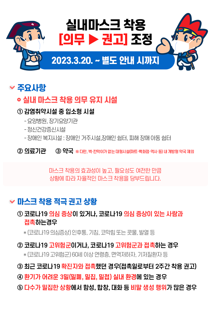 
				실내 마스크 착용 조정
				(2023.06.01..~별도 안내 시까지)

				□ 주요사항
				 ◎ 실내 마스크 착용 의무 유지 시설
				   ① 감염취약시설 중 입소형 시설
				     - 요양병원·장기요양기관
				     - 정신건강증진시설
				     - 장애인복지시설: 장애인 거주시설, 장애인 쉼터, 피해 장애 아동 쉼터
				     ② 의료법(제3조제2항제3호)에 따른 병원급 의료기관
     - 의사, 치과의사 또는 한의사가 주로 입원환자를 대상으로 의료행위를 하는 의료기관

				  ★ 마스크 착용의 효과성이 높고, 필요성도 여전한 만큼 상황에 따라 자율적인 마스크 착용을
				     당부드립니다. ★

				 ◎ 마스크 착용 적극 권고 상황
				  ① 코로나19 의심 증상이 있거나, 코로나19 의심 증상이 있는 사람과 접촉하는 경우
				 ① 코로나19 확진자이거나, 코로나19 확진자과 접촉(접촉일로부터 2주간 착용 권고) 했던 경우
  ② 코로나19 의심 증상이 있거나, 코로나19 의심 증상이 있는 사람과 접촉하는 경우
   * (코로나19 의심 증상) 인후통, 기침, 코막힘 또는 콧물, 발열 등
  ③ 코로나19 고위험군이거나, 코로나19 고위험군과 접촉하는 경우
   * (코로나19 고위험군) 60세 이상 연령층, 면역저하자, 기저질환자 등
				  ④ 환기가 어려운 3밀(밀폐·밀집·밀접) 실내 환경에 있는 경우
				  ⑤ 다수가 밀집한 상황에서 함성·합창·대화 등 비말 생성 행위가 많은 경우
				