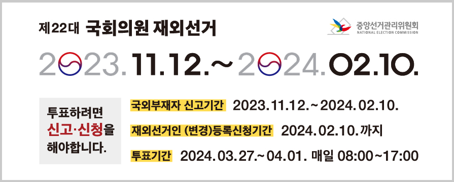 제22대 국회의원 재외선거 2023.11.12~2024.02.10 투표하려면 신고,신청을 해야 합니다. 국외부재자 신고기간:2023.11.12~2024.02.10 재외선거인(변경)등록신청기간:2024.02.10까지 투표기간:2024.03.27~04.01 매일 08:00~17:00