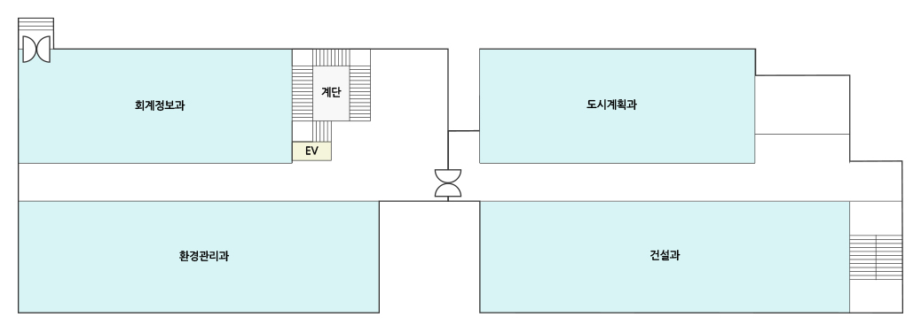 
	동관지하는 중앙의 문을 기준으로 좌측 건물과 우측 건물로 구분하여 안내합니다.
	먼저, 좌측 건물은 왼쪽에서부터 시계방향으로 회계정보과, 계단 및 엘리베이터, 환경관리과가 있습니다.
	중앙 문을 통하여 우측 건물로 들어가면, 왼쪽으로부터 시계방향으로 도시계획과, 건설과가 위치해 있습니다.